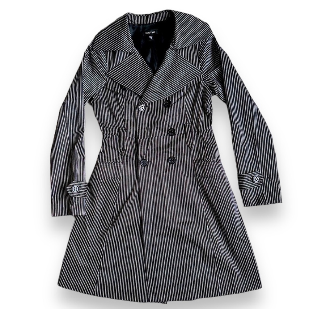 BEBE Black and White Pinstripe Satin Trench Coat